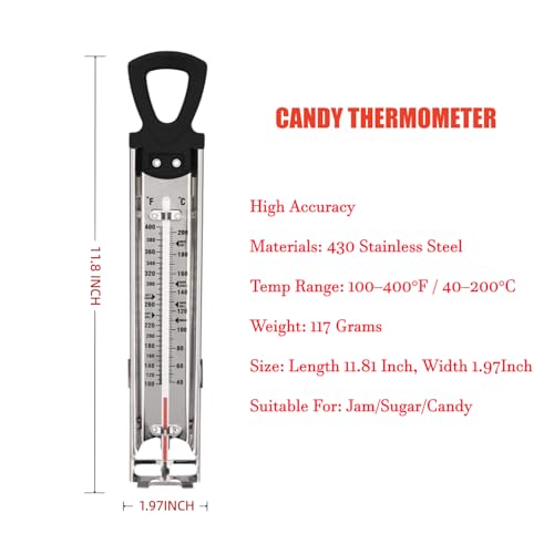 Stainless Steel Candy & Deep Fry Thermometer with Pot Clip & Handle - Analog Sugar Thermometer for Candy Making, Jam, Syrup, Oil, Chocolate, Brewing - Kitchen Cooking Food Thermometer - size: Sugar Thermometer-11.8 Inch