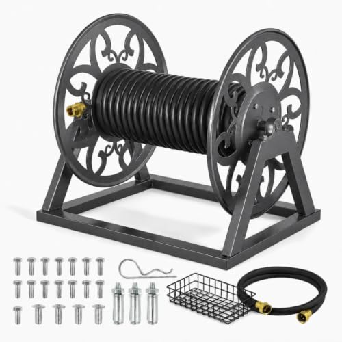 Wall Mounted Garden Hose Reel – Holds 200 ft 5/8" Hose, Heavy-Duty Steel Manual Winder, with Brass Connector, 5ft Leader, Decorative Pattern, Space Saver, Gray Finish, for Outdoor Gardens & Lawns.