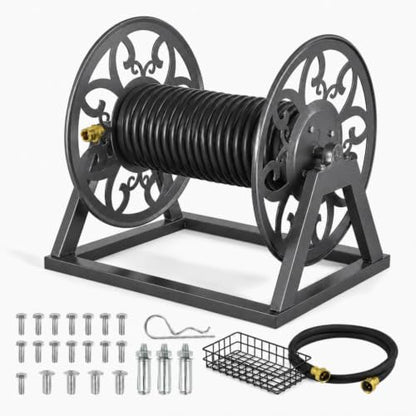 Wall Mounted Garden Hose Reel – Holds 200 ft 5/8" Hose, Heavy-Duty Steel Manual Winder, with Brass Connector, 5ft Leader, Decorative Pattern, Space Saver, Gray Finish, for Outdoor Gardens & Lawns.