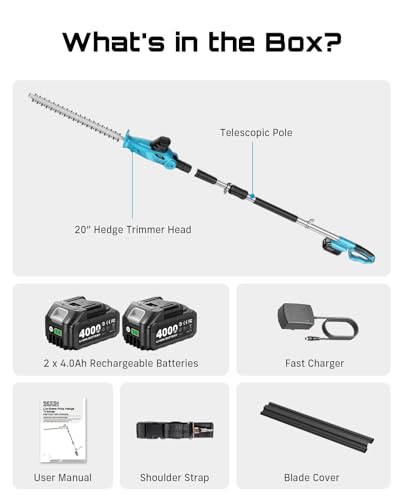SEESII 20V Pole Hedge Trimmer Cordless, 20" Electric Bush Trimmer 2×4.0Ah - color: Blue