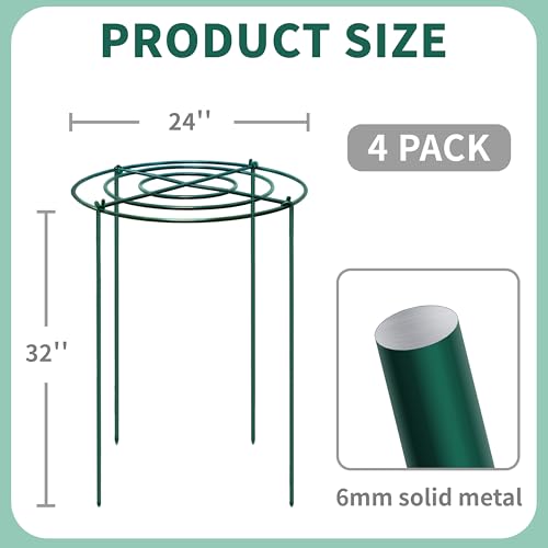 4 Sets Peony Support Cage,24"Diax32"High Heavy Duty Metal Plant Support,Grow Through Hoops Grids with 4 Thickened 6mm Legs,Strong Support Brace for Heavy Blossoms,Flower Support Ring for Peonies,Rose - size: 24"X32"-4PCS