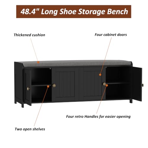HOMEFORT 48.4" Shoe Storage Bench with Cushion, Entryway Bench with Paddded Seat, 2-Tier Shoe Cabinet Bench with Adjustable Shelves and 4 Doors, Wooden End of Bed Bench, for Bedroom, Hallway, Black