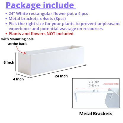 LaLaGreen Planter Boxes Outdoor (24 Inch, 4 Pack) White Metal Rectangular Railing Flower Box with Brackets, Deck Railings Planters Fence Balcony Patio Porch Plant Holder Stylish Garden Decor Over Rail - size: 24" x 4 Pack