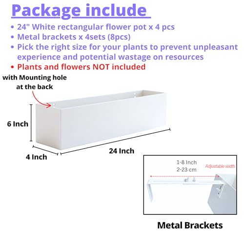 LaLaGreen Planter Boxes Outdoor (24 Inch, 4 Pack) White Metal Rectangular Railing Flower Box with Brackets, Deck Railings Planters Fence Balcony Patio Porch Plant Holder Stylish Garden Decor Over Rail - size: 24" x 4 Pack