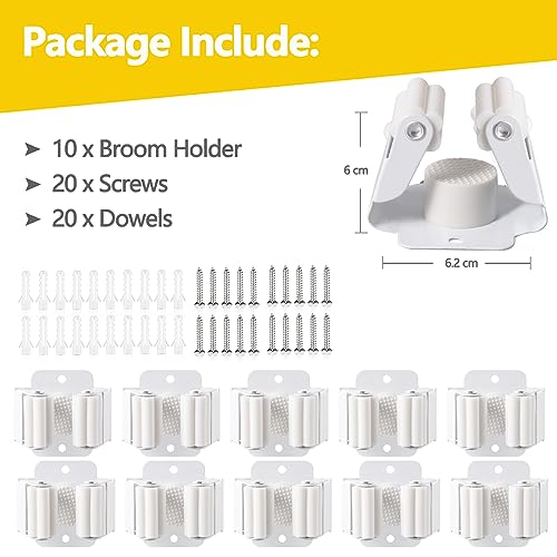 Verdenu 10 Pack Broom Holder Wall Mount, Mop and Broom Holder Wall Mount, Stainless Steel Command Mop Holder with Screws, Garden Tool Storage Organizer for Kitchen, Home, Bathroom, Garage, White - color: White, size: 10 Pack