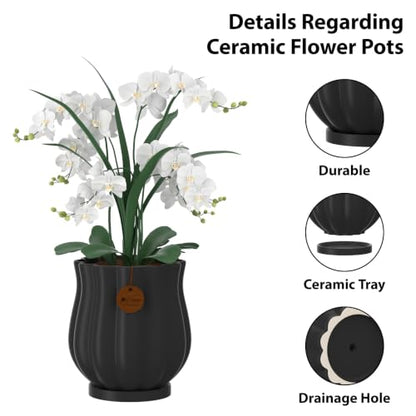 7.1" Matte Black Ceramic Plant Pot with Saucer - color: Matte Black, size: Large