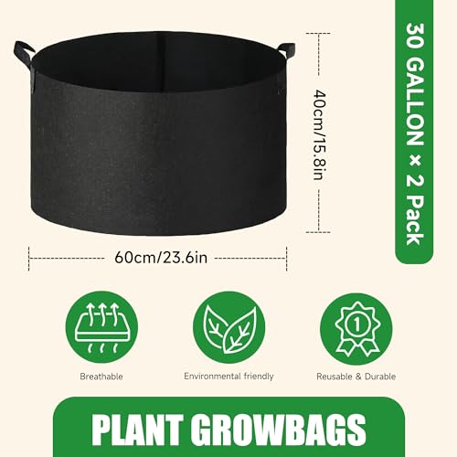 2-Pack 30 Gallon Fabric Grow Bags with Handle, Heavy Duty 300G Thickened Nonwoven with Handles and Reusable, Suitable for Garden Vegetables,Fruits and Flowers(Black) - size: 30 gallon (23.5''D×15.5''H)