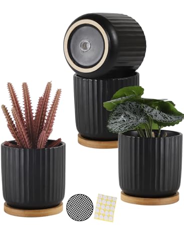 4 Inch Small Plant Pots Indoor, Ceramic Flower Pot with Drainage Hole and Tray, Modern Vertical Pattern Planter for Succulents, Snake Plant, Aloe, Herbs, Black, Set of 4 - color: Black(4inch)
