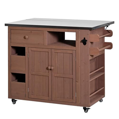 GDFStudio Winford Patio Kitchen Island Cart with Extendable Top, Wooden Outdoor Storage Cabinet with Stainless Steel BBQ Prep Table Top, Drawers, Spice Rack and Lockable Wheels, Potting Bench, Brown - color: Brown
