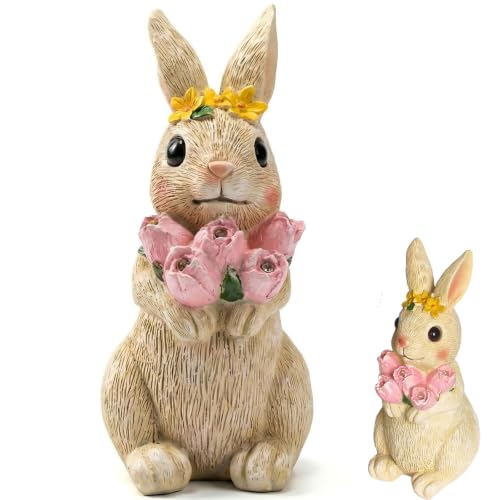 Solar Bunny Garden Statue with 5 LED Tulip Lights, 10.6" Outdoor Rabbit Decor for Patio Lawn Balcony Yard, Waterproof Resin Sculpture Gifts for Mom Grandma Women Mothers Day Birthday - color: Bunny