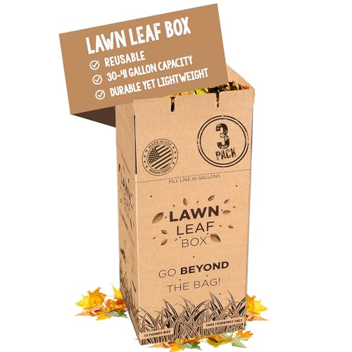 Lawn Leaf Box-Replaces Paper Bags. Heavy Duty Waste Container Weather Puncture Resistant Reusable 30 Gallon Takes Sticks No Rips Folds Flat Built In Lid-Ventilation Slots-American Made Patented