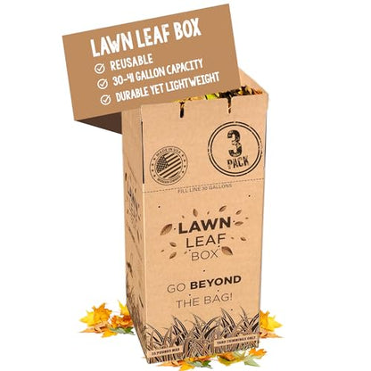 Lawn Leaf Box-Replaces Paper Bags. Heavy Duty Waste Container Weather Puncture Resistant Reusable 30 Gallon Takes Sticks No Rips Folds Flat Built In Lid-Ventilation Slots-American Made Patented