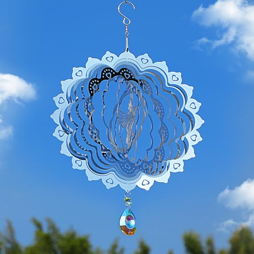 3D Wind Spinners Outdoor Flowing-Light Effect Metal Garden Decor, Highly Reflective Bird Deterrents for Outside, Mirrored Wind Sculptures to Scare Birds Away from Yard Patio Farm (Hummingbird-Silver)