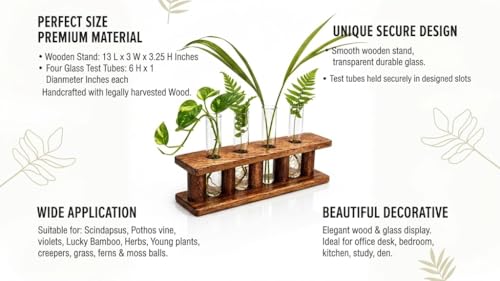 Wooden Plant Propagation Station Stand with Four Glass Test Tubes Indoor Desktop Terrarium for Hydroponics Water Plant Cutting Flower Vase Planter Home Office Garden Decor Plant Lover Gifts, Brown