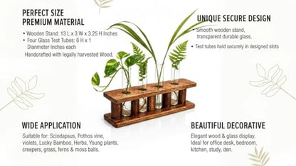 Wooden Plant Propagation Station Stand with Four Glass Test Tubes Indoor Desktop Terrarium for Hydroponics Water Plant Cutting Flower Vase Planter Home Office Garden Decor Plant Lover Gifts, Brown