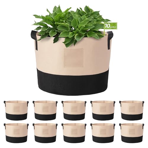 LITLANDSTAR 10 Gallon Fabric Grow Bags, 10 Pack Heavy Duty Thickened Nonwoven Plant Grow Bags with Handles and Label Bags, Fabric Plant Pots for Growing Vegetables Flowers Herbs (Black Mixed Camel) - size: 10 Gallon