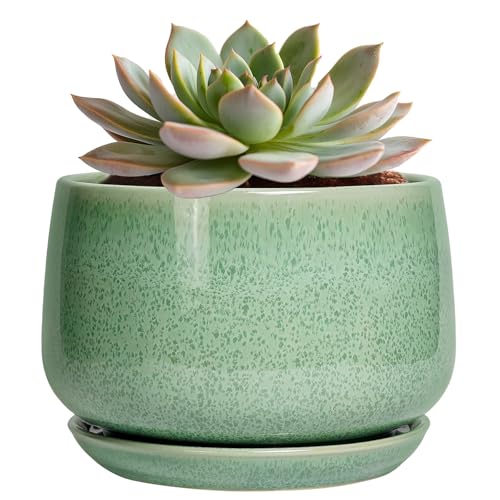 G EPGardening Ceramic Pots for Plants - 6 Inch Plant Pot with Drainage Hole and Saucer, Modern Ceramic Planter for Indoor Outdoor, Round Flower Planter, Gifts for Plants Lovers, Home Decor, Green - color: Snowflake Green, size: 5 Inch
