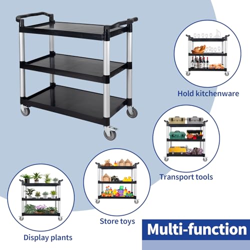 UNICOO® Heavy Duty 3-Tier Rolling Cart, Service Utility Cart on Wheels, 550lbs Capacity, Lockable & Silent Wheels, Anti-Rust, Easy Clean for Restaurant, Office, Dorm, Garage, Kitchen Storage - color: Black