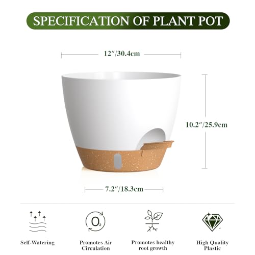 Plant Pots, 1 Pack 12 Inch Self Watering Pots with Drainage Holes, Water Level Indicator Deep Reservoir, Large Planters for Indoor Outdoor Plants - White Brown - color: White Brown, size: 12 in 1pcs