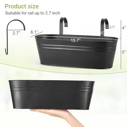 Dahey 15 Inches Railing Planter Box 3 Pcs Metal Hanging Flower Pots, Black - color: Black