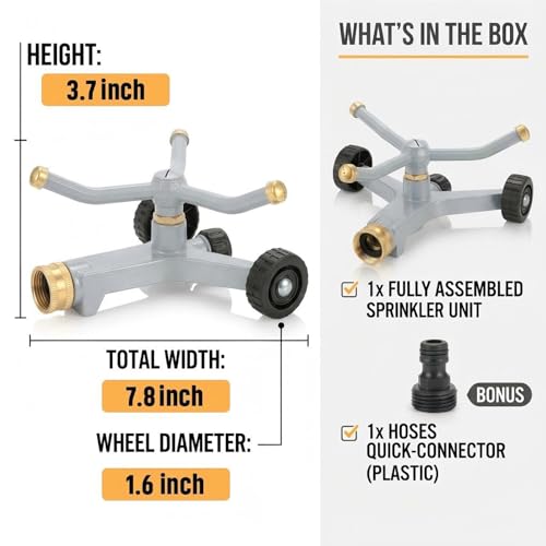 Ehajia 360° Rotating Lawn Sprinkler Heavy Duty Metal 3 Arm Wheeled Base - color: Silver