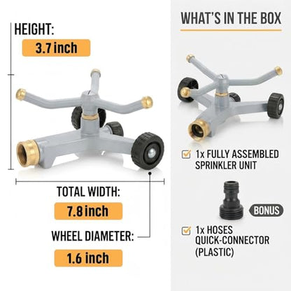 Ehajia 360° Rotating Lawn Sprinkler Heavy Duty Metal 3 Arm Wheeled Base - color: Silver
