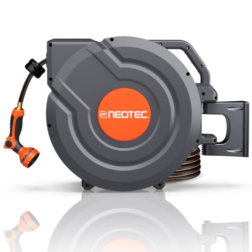 130FT Retractable Garden Hose Reel 1/2 Inch, Heavy Duty Wall Mounted Water Hose with Metal Bracket, Auto-Lock, Slow Return, 180° Swivel & 9-Pattern Spray Nozzle, UV Resistant Outdoor