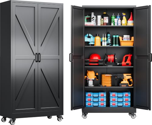 SISESOL 71" Tall Metal Storage Cabinet with Wheels,Rolling Garage Storage Cabinet,Black Metal Cabinets with Wheel and Shelves, Deep Heavy Duty Tool Cabinet for Garage,Home,Office,Shop - color: Black, size: 71"H