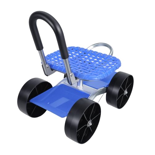 Cuteam Rolling Garden Seat, Utility Garden Stool with Flat Wheels, Foldable Lazy Seat Stool, Picking Rotary Tool Cart with Storage Shelf, Adjustable Height (Blue)