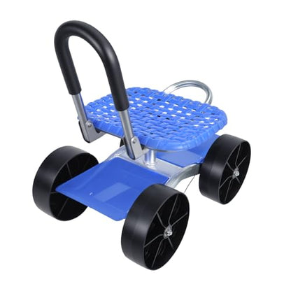 Cuteam Rolling Garden Seat, Utility Garden Stool with Flat Wheels, Foldable Lazy Seat Stool, Picking Rotary Tool Cart with Storage Shelf, Adjustable Height (Blue)