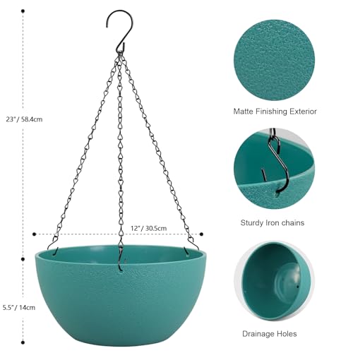 Meowell 12 inch Large Hanging Planters for Indoor Outdoor Plants, 2 Pack Hanging Flower Plant Pots with Drainage Holes and Chain for Garden Porch, Plastic Hanging Baskets for House Plants, Blue Green - color: Blue-green, size: 12inch 2pcs