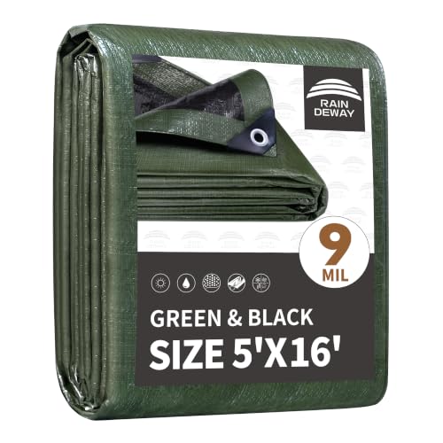 RAINDEWAY 5x16 Feet Tarp Waterproof,9Mil Green/Black Poly Tarps Cover - color: Green/Black, size: 5x16 Feet-Finished size