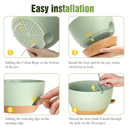 8 Inch Self Watering Hanging Planters Set of 3 with Saucers - color: Green Brown, size: 8 Inch 3 Pack