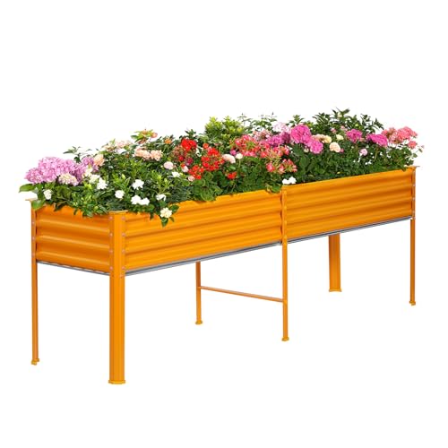 Land Guard Galvanized Raised Garden Bed with Legs, 96×24×32in Raised Garden Beds Outdoor with Drainage Holes, Planter Boxes Outdoor for Backyard, Patio, Balcony, 1200lb Capacity, Cream Yellow - color: Yellow, size: 96×24×32in