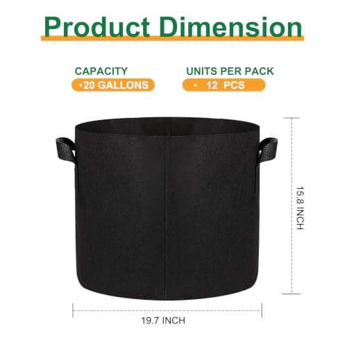 JERIA 12-Pack 20 Gallon Grow Bags, 300G Thickened Nonwoven Garden Pots,Heavy Duty Fabric Pots with Reinforced Handles - size: 20 Gallons