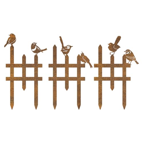 3 Pcs Small Garden Fence with 6 Piece Bird Decoration, Rustic Garden Decor - color: Rusty
