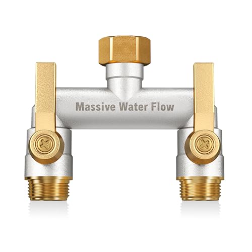 Hose Splitter 2 Way Heavy Duty, Full Flow Solid Brass Nickel Plated Garden Hose Splitter, Spigot Splitter Valve with Metal Handle, Outdoor Faucet Splitter, 3/4 - Inch Frost Resistant Hose Adapter - style: Nickel Plated 2 way