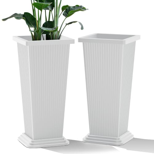 24" Set of 2 Tall Planters for Outdoor Plants, White Striped - color: Stripe White