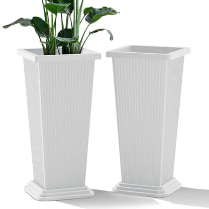 24" Set of 2 Tall Planters for Outdoor Plants, White Striped - color: Stripe White