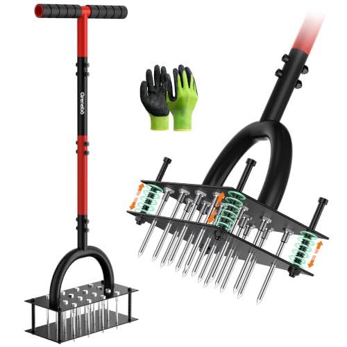 Grenebo Lawn Aerator Manual Aerator Lawn Tool with 16 Spikes, Black Red - color: Black Red