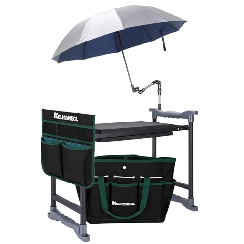 Garden Kneeler and Seat with Umbrella,Heavy Duty Gardening Bench and Stool - color: Beige & Green