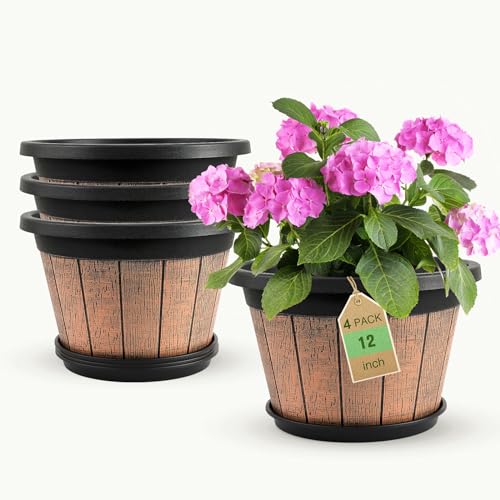 4 Pack 12 inch Plant Pot,Large Whiskey Barrel Planters Indoor Outdoor - size: 12 Inch
