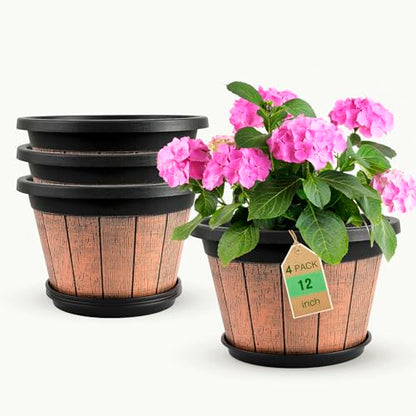 4 Pack 12 inch Plant Pot,Large Whiskey Barrel Planters Indoor Outdoor - size: 12 Inch