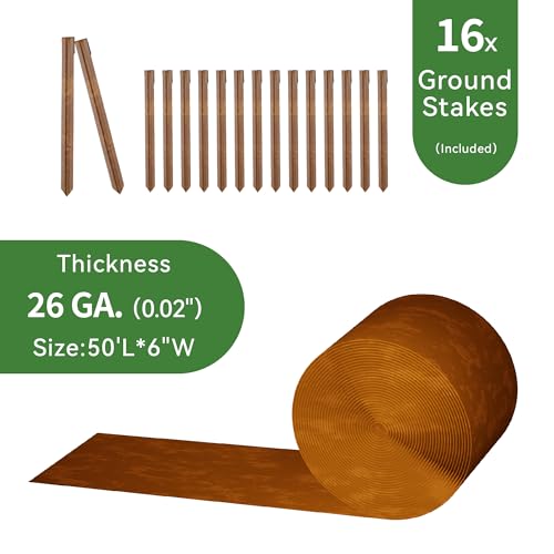 Worth Galvanized Steel Landscape Edging 6" x50' Metal Garden Edging Roll Flexible Bender Border with 16Pcs Stakes for Lawn, Flower Bed Edges, Rust-Colored Painted - color: Rust-like Color, style: 6"x50'