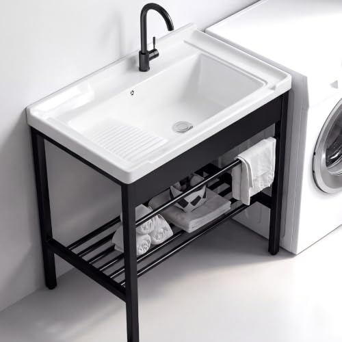 Freestanding Laundry Utility Sink with Washboard - color: A_Utility Sink_Black