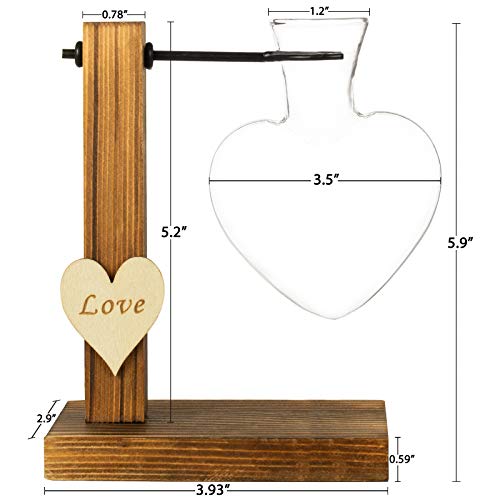 Kingbuy Hydroponic Glass Vase Vintage Desktop Plant Terrarium Planter Bulb Vase Water Planting Propagation Vase Planters Hydroponics Plants with Retro Wooden Stand Home Garden. (D(1 Heart Vase)) - size: Heart （1 Bulb Vase）
