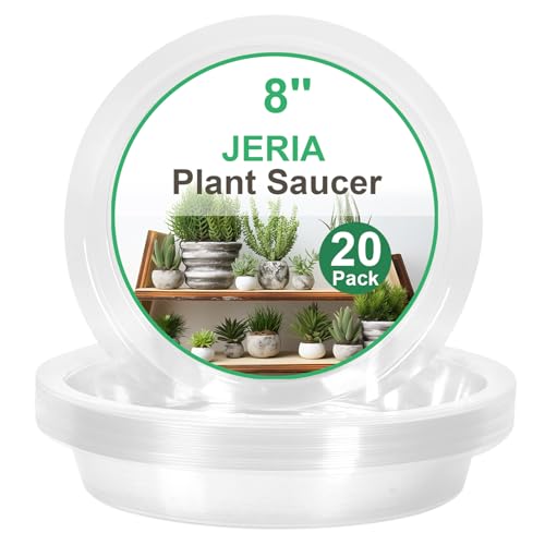 JERIA 8 Inch 20 Pack Clear Plant Saucers,Plastic Flower Pot Trays,Round Durable Plant Drip Trays for Indoor and Outdoor - size: 8 Inch (20 Pack)