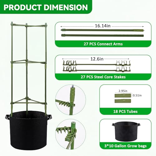 GENMOUS Tomato Cages with Grow Bags - 48 Inch Tomato Trellis for Raised Garden Bed, 3-Pack Tomato Plant Support, with 10 Gallon Plant Grow Bags, Reusable and Height Adjustable