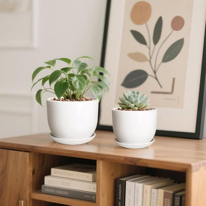 6.7 + 5.5 Inch Ceramic Plant Pot with Drainage and Saucer - size: 6.7 + 5.5 Inch 2 Pcs