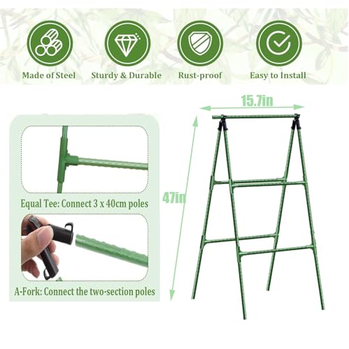 A-Frame Metal Garden Trellis Set for Raised Bed for Climbing Plants Outdoor-Detachable Cucumber Climbing Trellis with Net Clips-Garden for Cucumber Flowers Vegetables